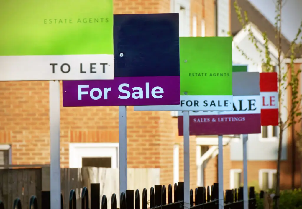 A row of colorful real estate signs, including For Sale and To Let, stands in front of a brick residential building in Birkenhead. The signs represent various estate agents, with green and purple prominently featured.