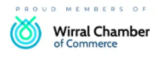 Logo for Wirral Chamber of Commerce featuring a stylized blue and teal emblem. Text above reads Proud Members Of.