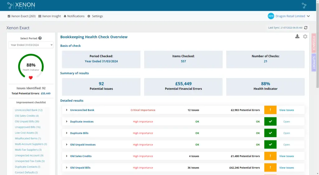 Xenon Connect's bookkeeping health check overview, showing a health score, a count of potential issues and a list of accounts to review