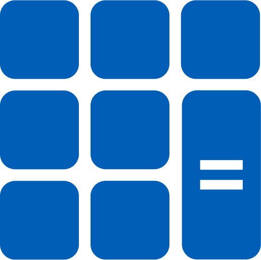 A blue grid icon with six rounded rectangles arranged in two columns and three rows. To the right, there is a vertical rectangle with an equal sign, also in blue. The background is black.