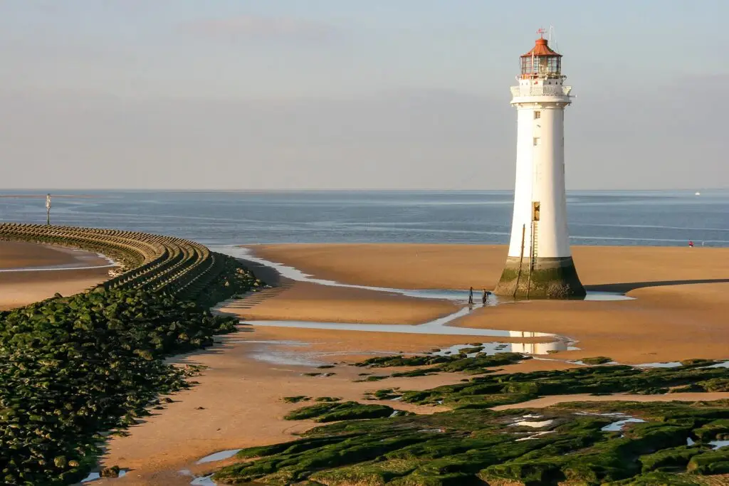 Perch Rock Lighthouse at New Brighton, Wallasey, at low tide