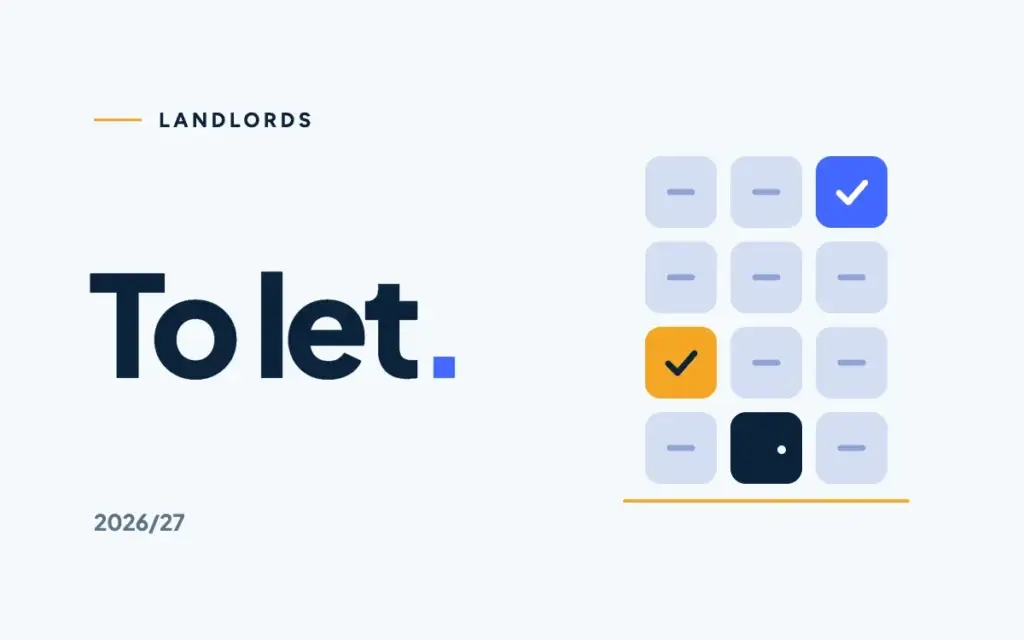 To let. in navy beside a block of flats made of calculator keys, most with dashes and two with ticks.