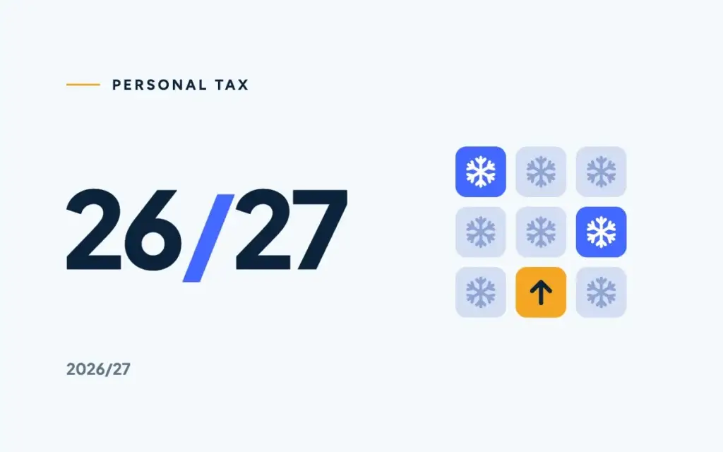 26/27 in navy beside nine calculator keys, eight marked with snowflakes and one marigold with an arrow.
