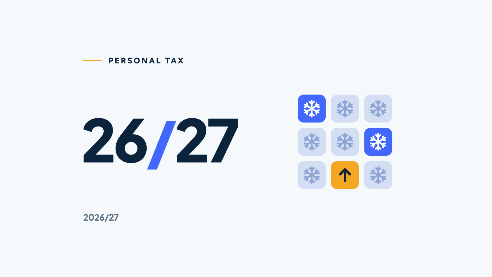 26/27 in navy beside nine calculator keys, eight marked with snowflakes and one marigold with an arrow.