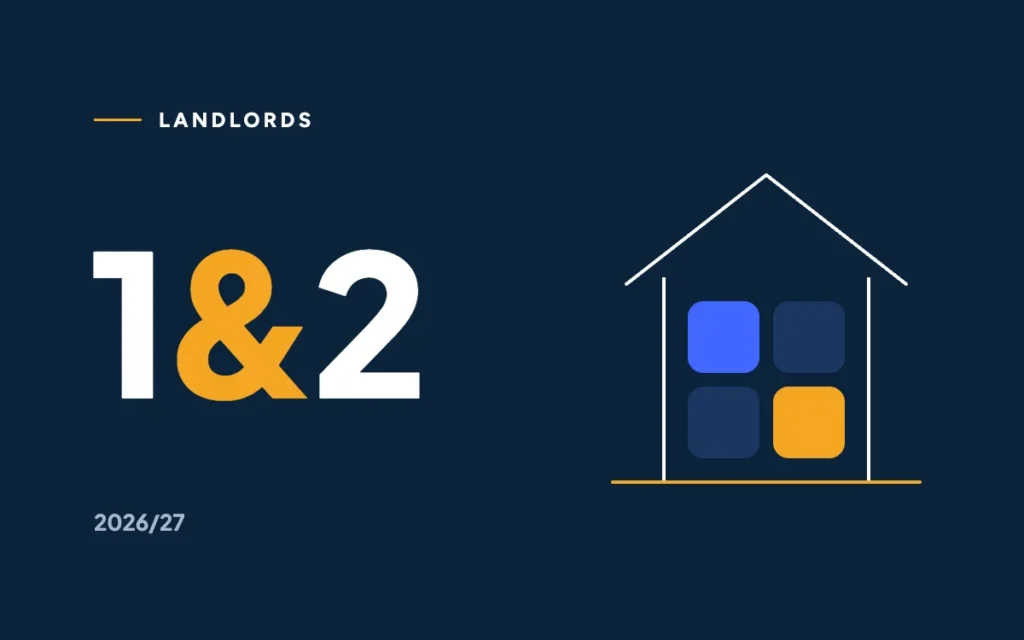 1&2 in white on navy beside a line-drawn house with four calculator-key windows, one marigold.