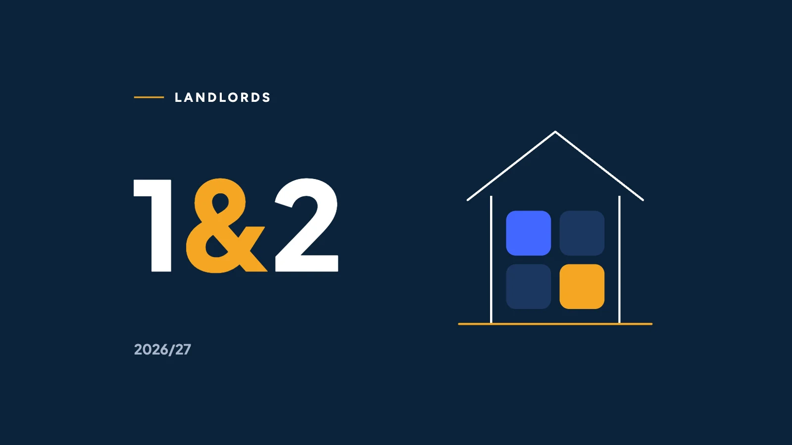 1&2 in white on navy beside a line-drawn house with four calculator-key windows, one marigold.