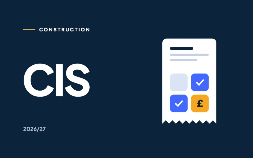 CIS in white on navy beside a receipt with ticked calculator keys, one marigold.