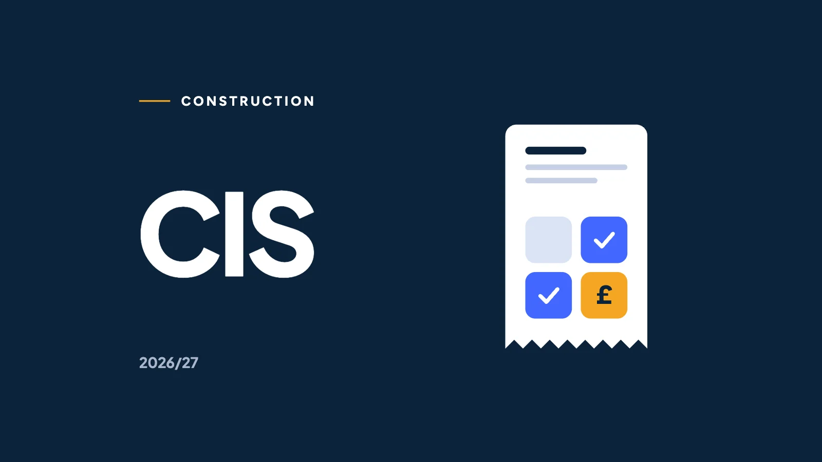 CIS in white on navy beside a receipt with ticked calculator keys, one marigold.