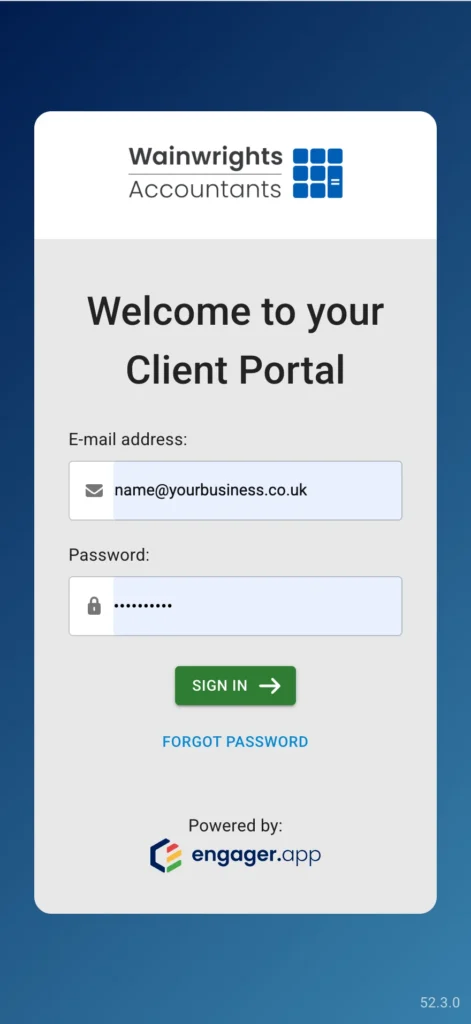 The Wainwrights Accountants client portal sign-in screen, powered by Engager.app