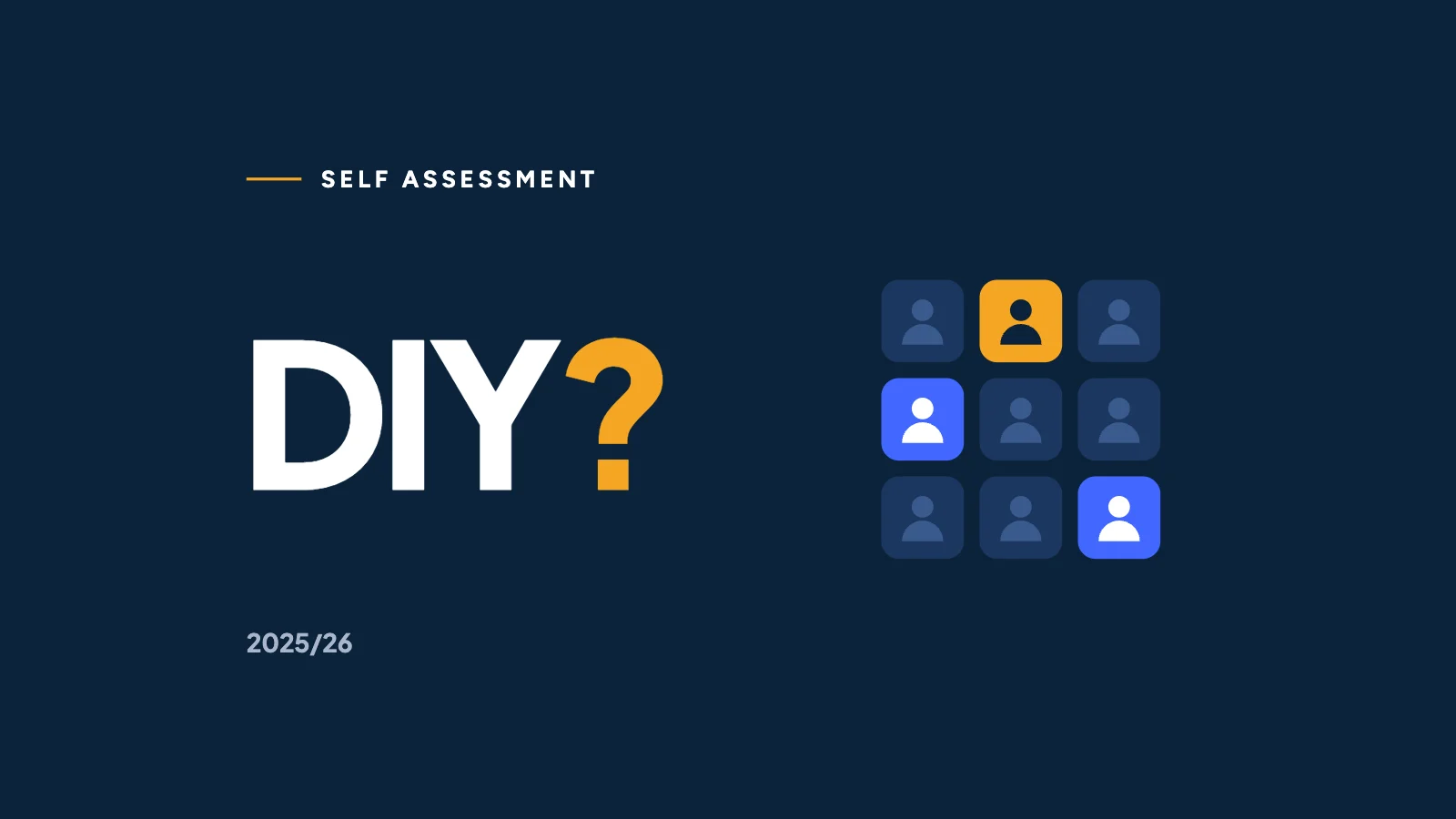 DIY with a marigold question mark on navy beside nine calculator keys each showing a person symbol, one key marigold.