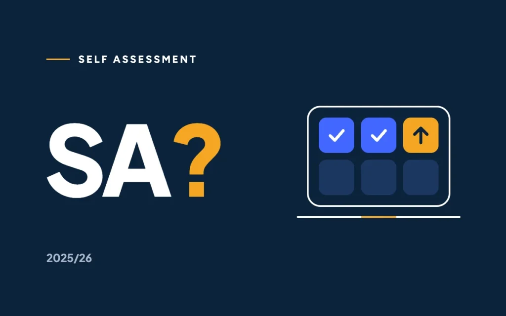 SA with a marigold question mark on navy beside a line-drawn laptop with six calculator keys on screen, one lit in marigold.
