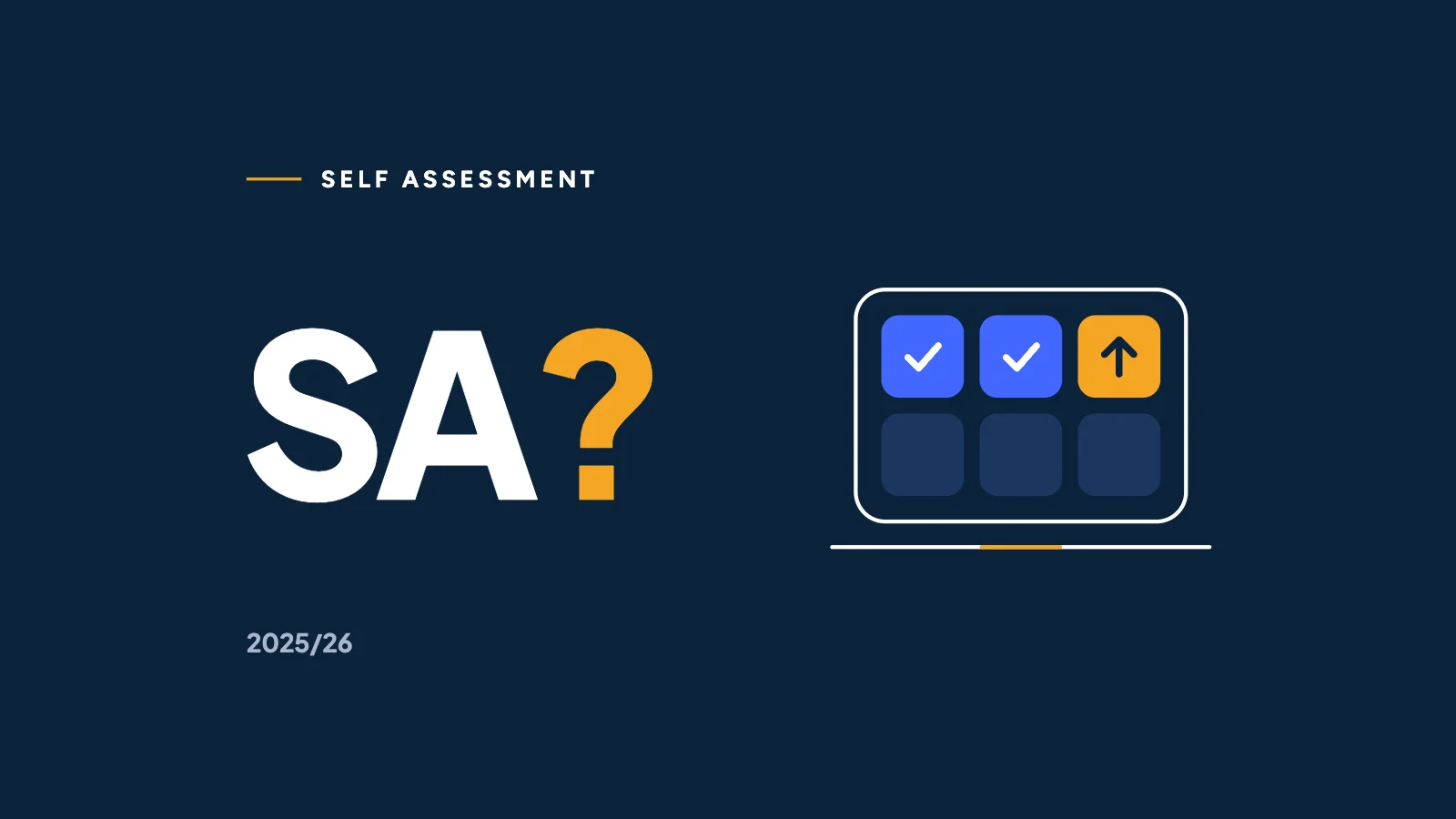 SA with a marigold question mark on navy beside a line-drawn laptop with six calculator keys on screen, one lit in marigold.