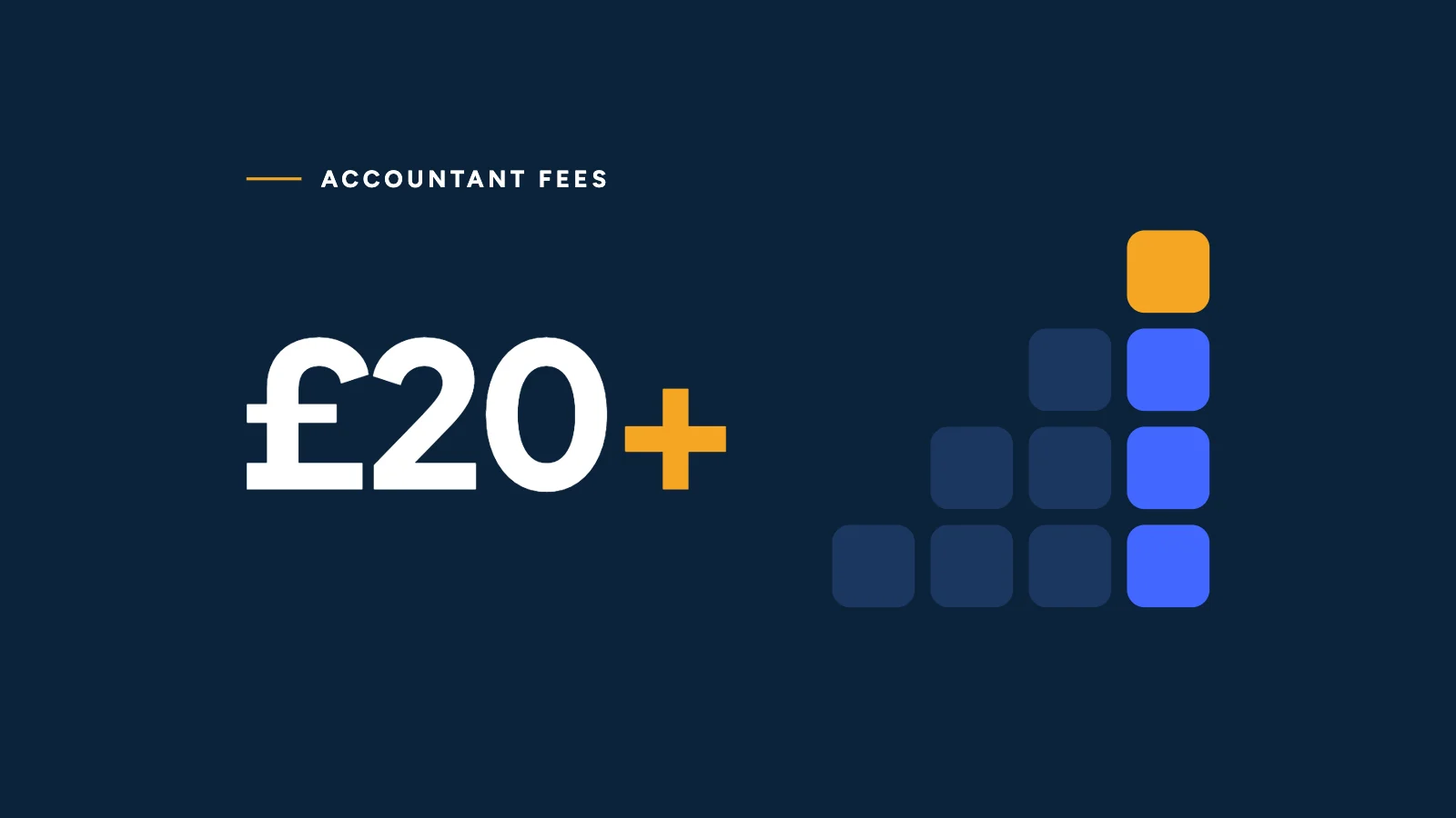 £20+ in white on navy beside calculator keys stacked as a rising bar chart, the top key marigold.