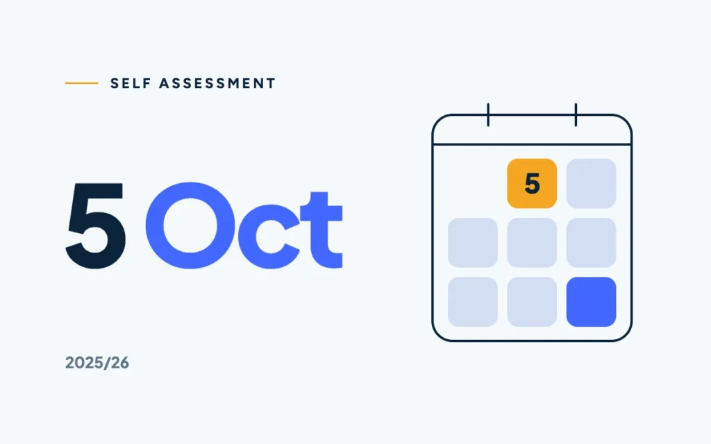5 Oct in navy and blue beside a calendar of calculator keys, the 5 key lit in marigold.