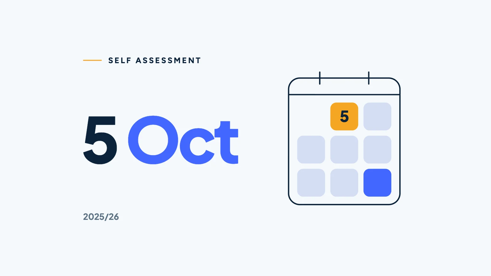 5 Oct in navy and blue beside a calendar of calculator keys, the 5 key lit in marigold.