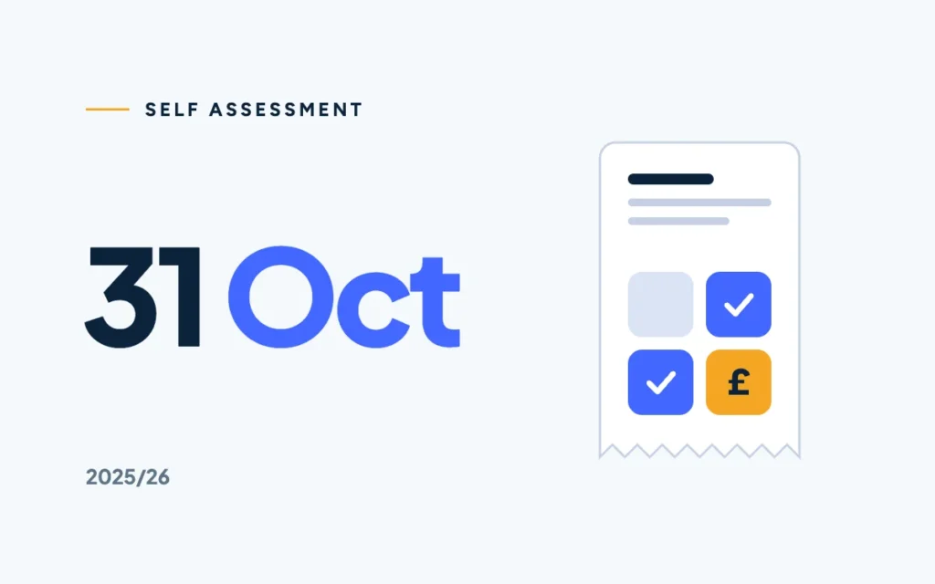 31 Oct in navy and blue beside a paper form with ticked calculator keys, one marigold.