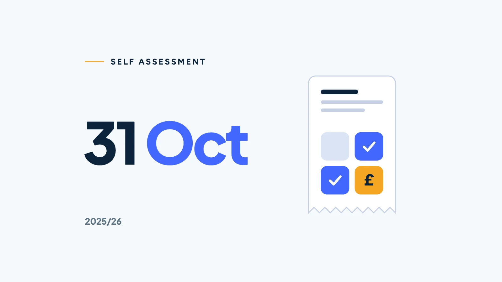 31 Oct in navy and blue beside a paper form with ticked calculator keys, one marigold.