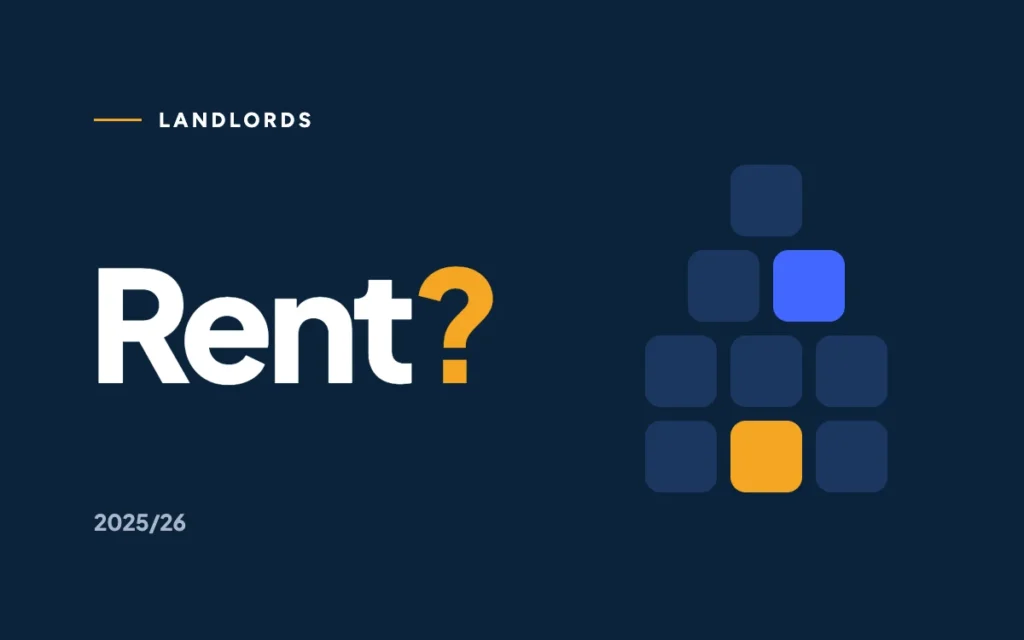 Rent with a marigold question mark on navy beside a house shape built from calculator keys.