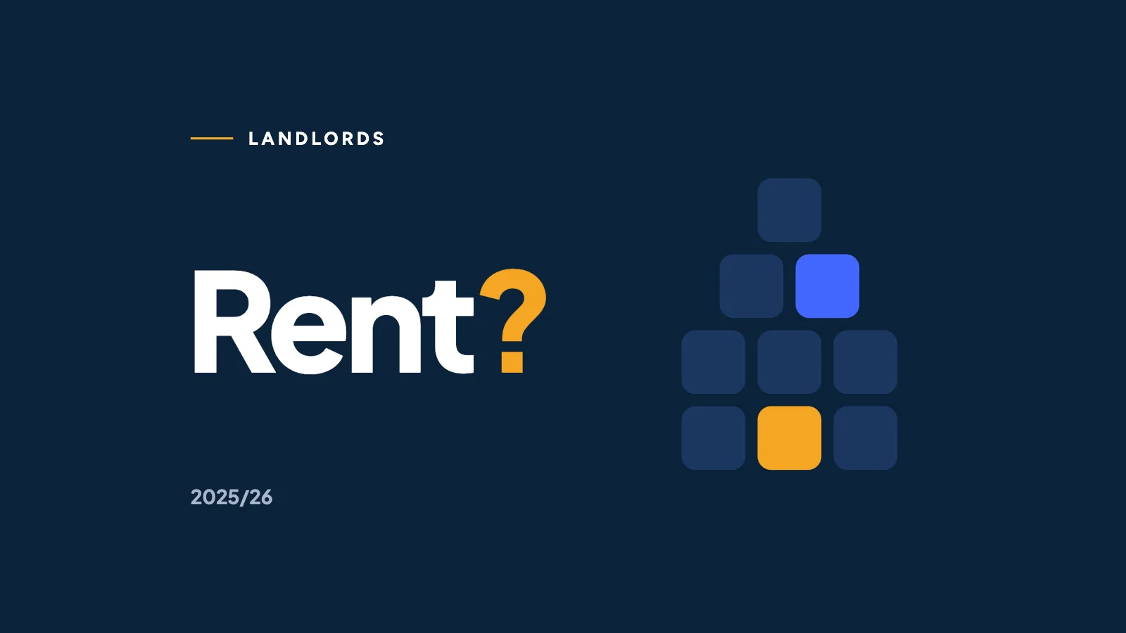 Rent with a marigold question mark on navy beside a house shape built from calculator keys.