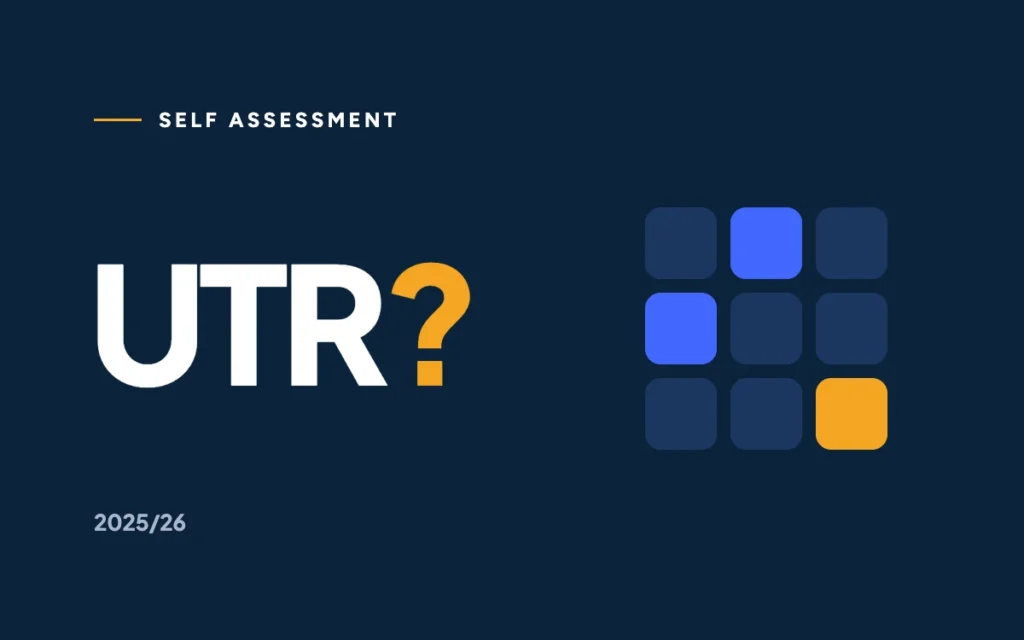 UTR with a marigold question mark on navy beside a grid of calculator keys, two blue and one marigold.
