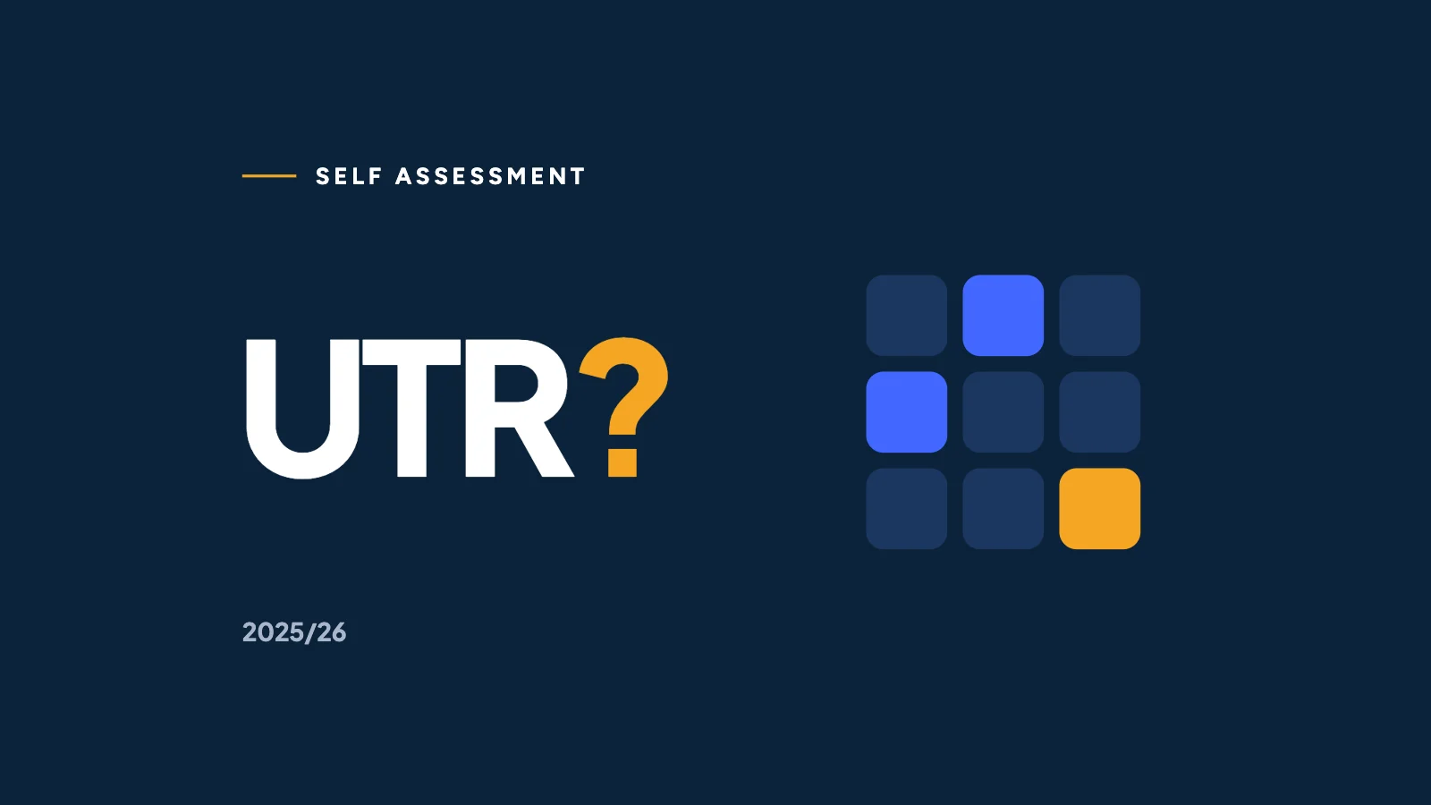 UTR with a marigold question mark on navy beside a grid of calculator keys, two blue and one marigold.